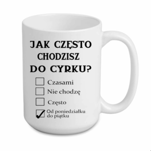 kubek duży 440 ml – biały z nadrukiem cyrk