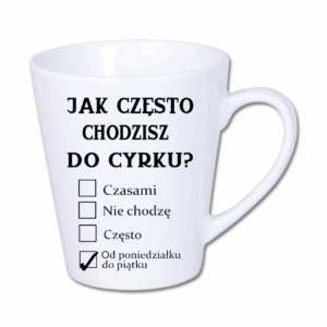 kubek latte mały 300 ml – biały z nadrukiem cyrk