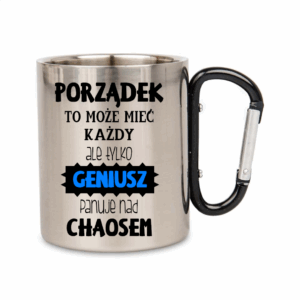kubek stalowy 300 ml z karabińczykiem – czarny z nadrukiem