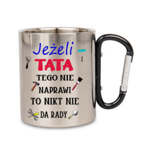 kubek stalowy 300 ml z karabińczykiem – czarny stalowy z nadrukiem